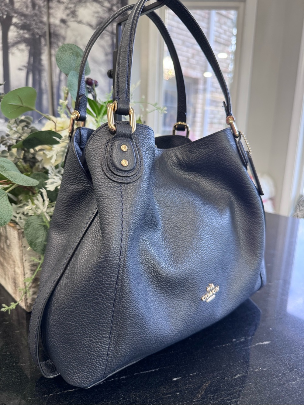 💙Coach Edie 31 Pebbled Leather Shoulder Bag Navy Blue Gold Hardware Crossbody - Picture 13 of 16